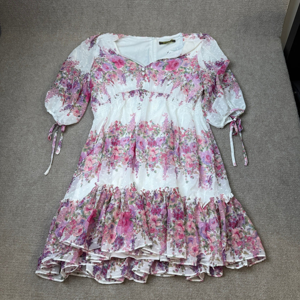 MSRP $89 Melonie T Womens 14 Soft White Wsteria Floral Dress V Neck 3/4 Sleeve