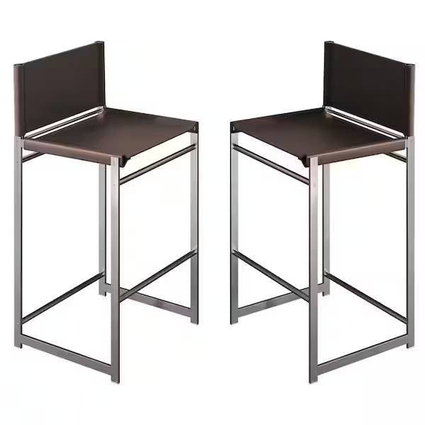 Set of 2 Metal High Outdoor Bar Stool with Coffee Saddle Leather Seat