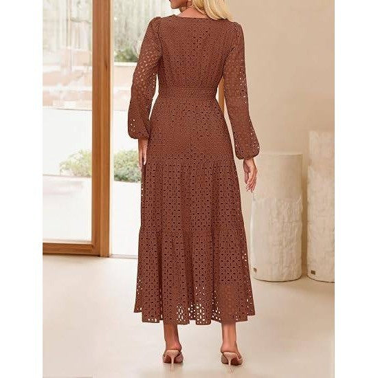 MSRP $78 ZESICA Women's L Brown Fall Long Sleeve Eyelet Maxi Dress V Neck Hollow