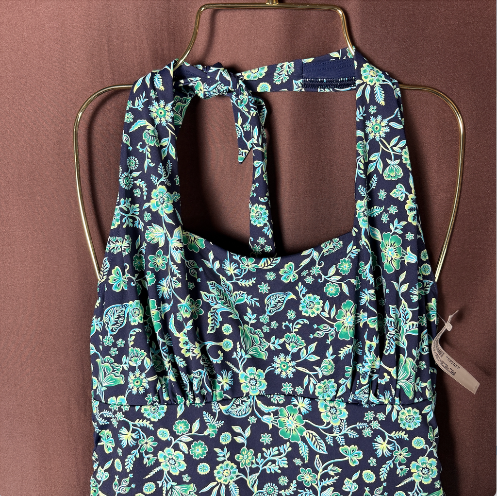 Lands' End Women's 2 UPF 50 Squareneck Halter Tankini Swimsuit Top Navy/Turquois