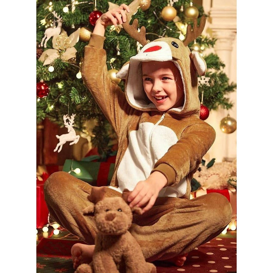 IIMMER Kids 11-12Y Christmas Costume Brown Reindeer Flannel Hooded Jumpsuit