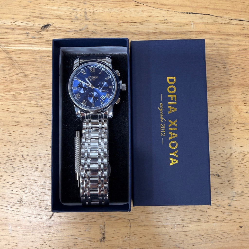 Dofia Xiaoya Aiyishi 9101 Men's Silver Stainless Steel Quartz Watch Blue Dial