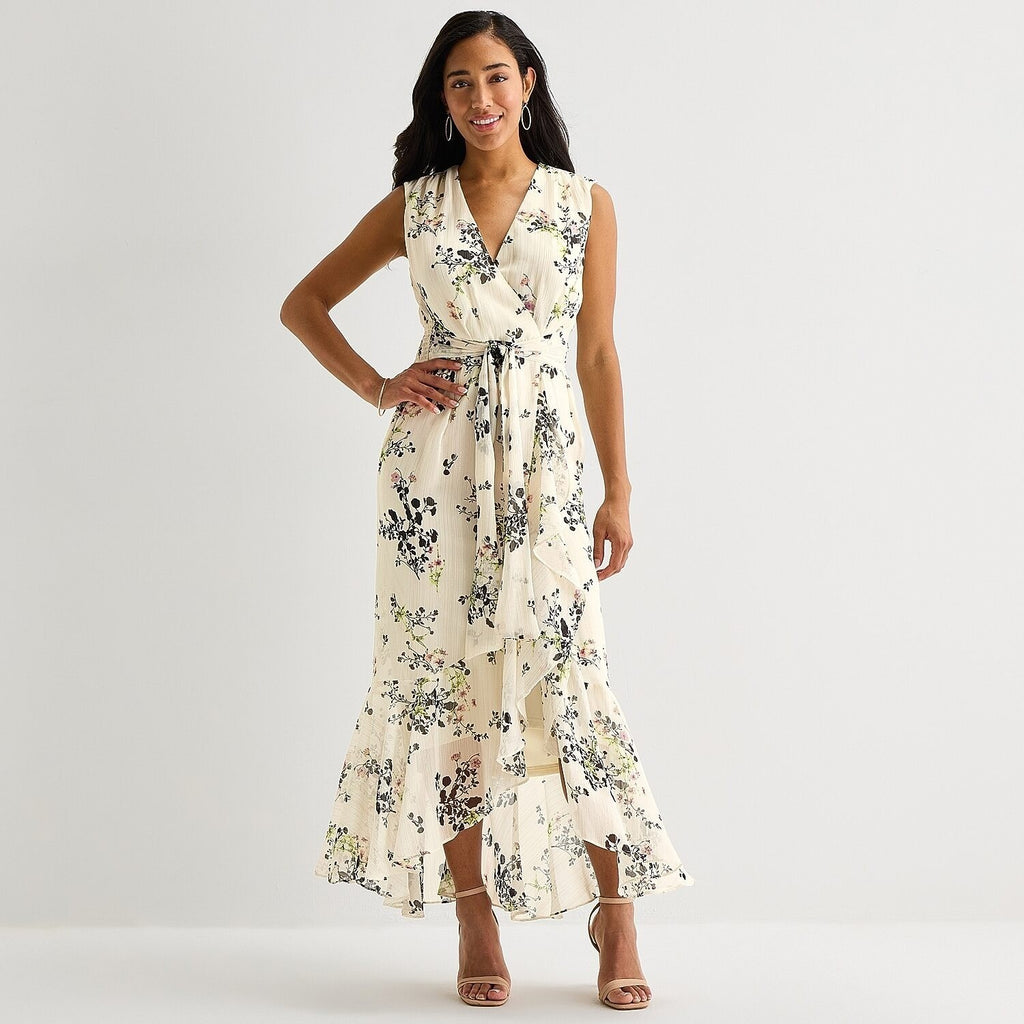 MSRP $89 Melonie T Womens 12 Cream Multi Floral V Neck Sleeveless Cap Maxi Dres