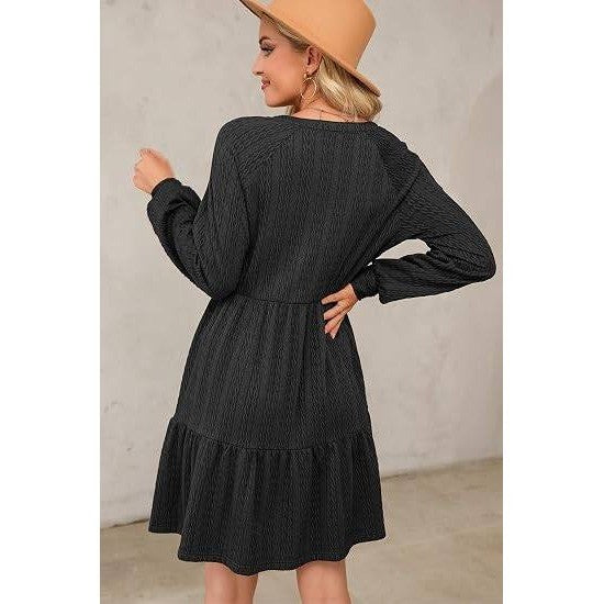MSRP $40 Dokotoo Womens L Black Long Sleeve V Neck Textured Babydoll Fall Dress