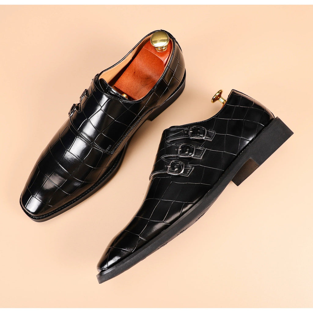 Santimon Men's US 10 Black Monk Strap Loafers Triple Buckles Dress Shoes