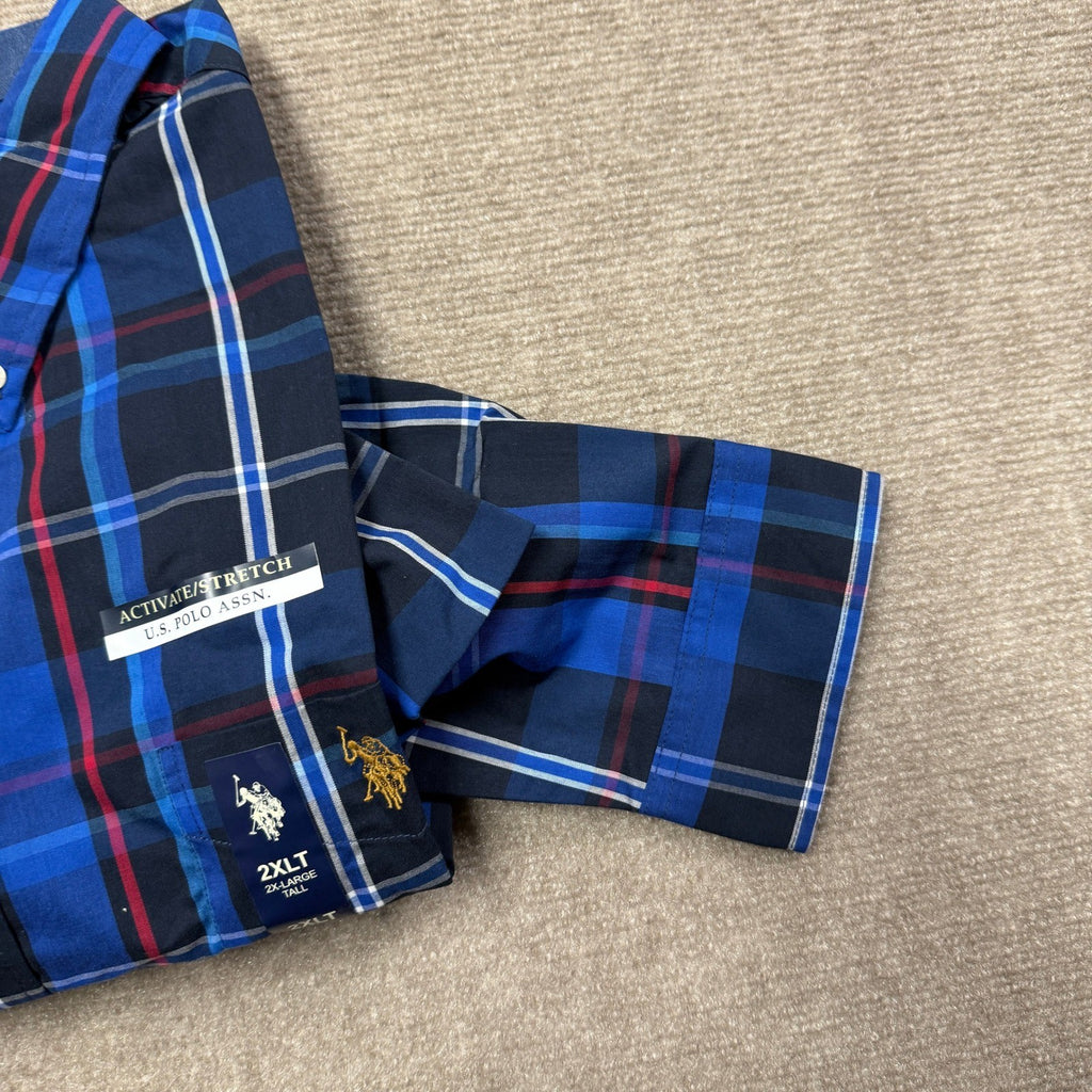 MSRP $58 U.S. Polo Assn. Mens 2XL Tall Classic Navy Plaid Button-Down Shirt Long