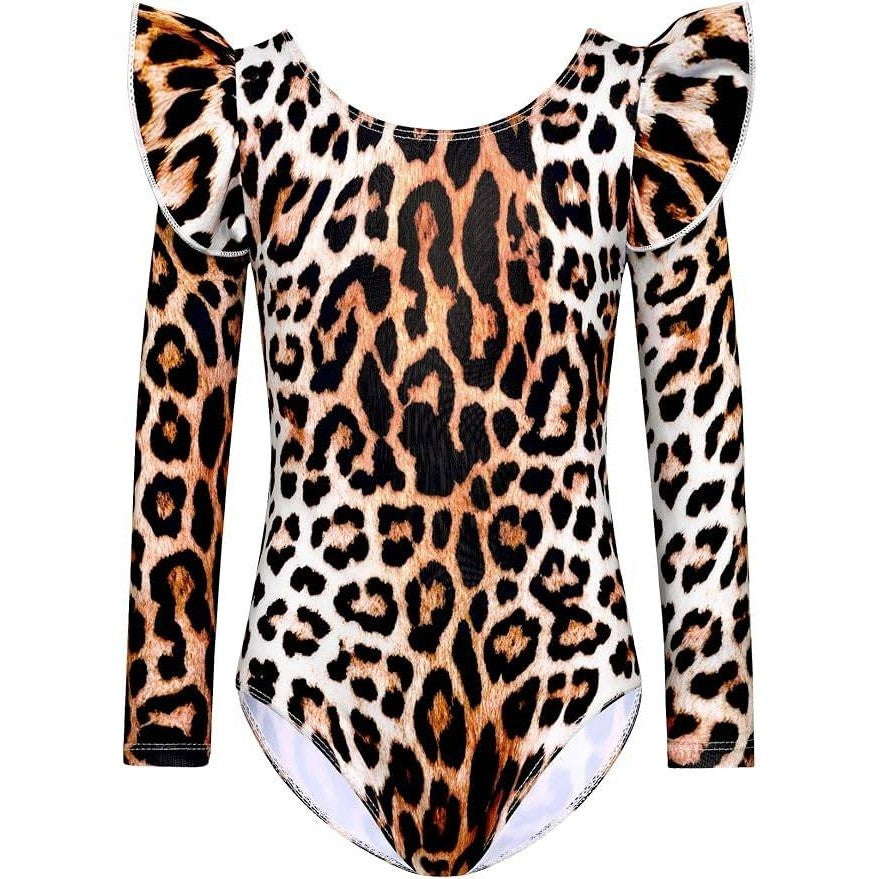 Tziharora Girls 3-4T Black Leopard Long Sleeve Gymnastics Leotard with 3D Ruffle