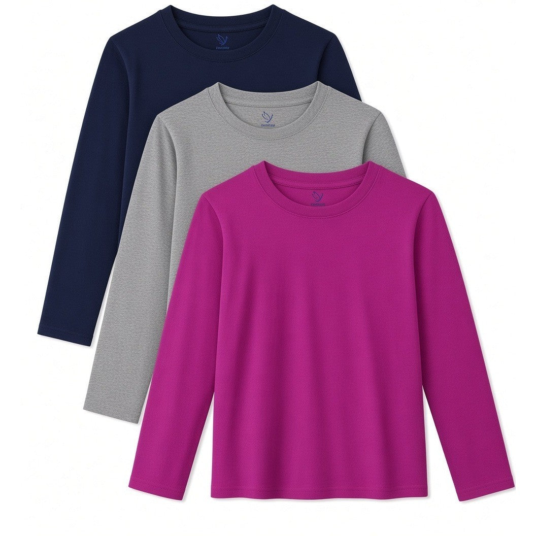 Set of 3 HoeVou Girls 14-16Y Long Sleeve Shirts Youth Cotton T-Shirts Tagless L
