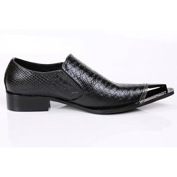 Santimon Men's US 12.5 Black Leather Metal Tip Pointed Toe Slip On Loafers Shoes