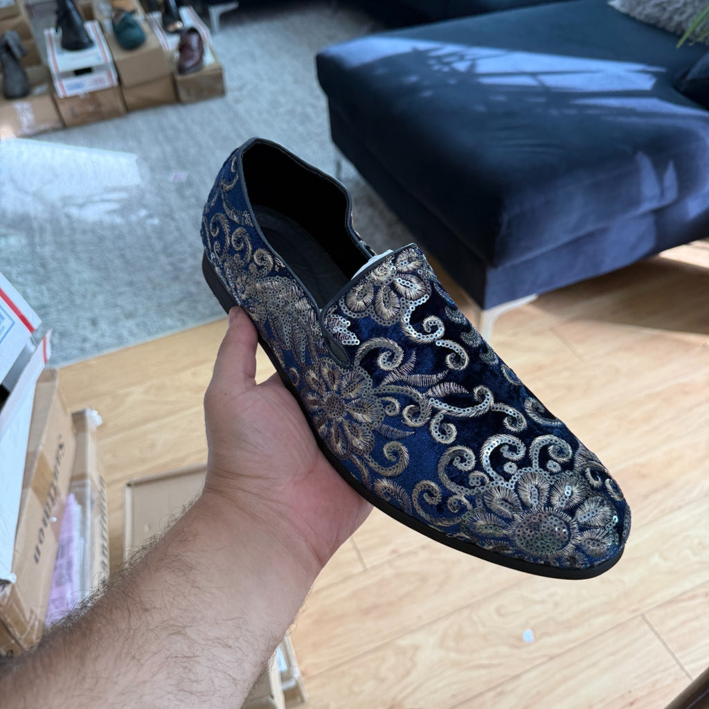 Santimon Men's US 6-12.5 Blue Velvet Silver Stitching Smoking Loafers Shoes
