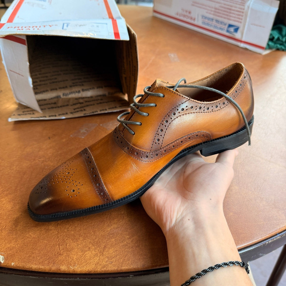 Santimon Men's US 6.5 Tan Brogue Pointed Toe Oxford Lace Up Dress Shoes
