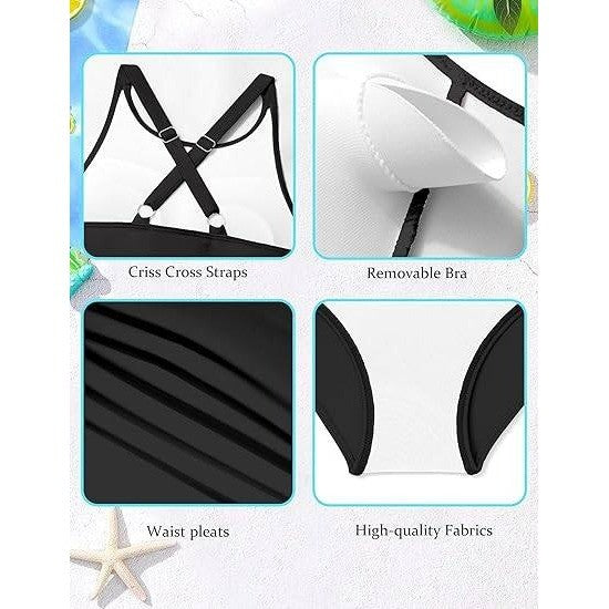 MSRP $26 CRISONE Girls 9-10Y Black One Piece Swimsuit High Neck Girls Bathing S