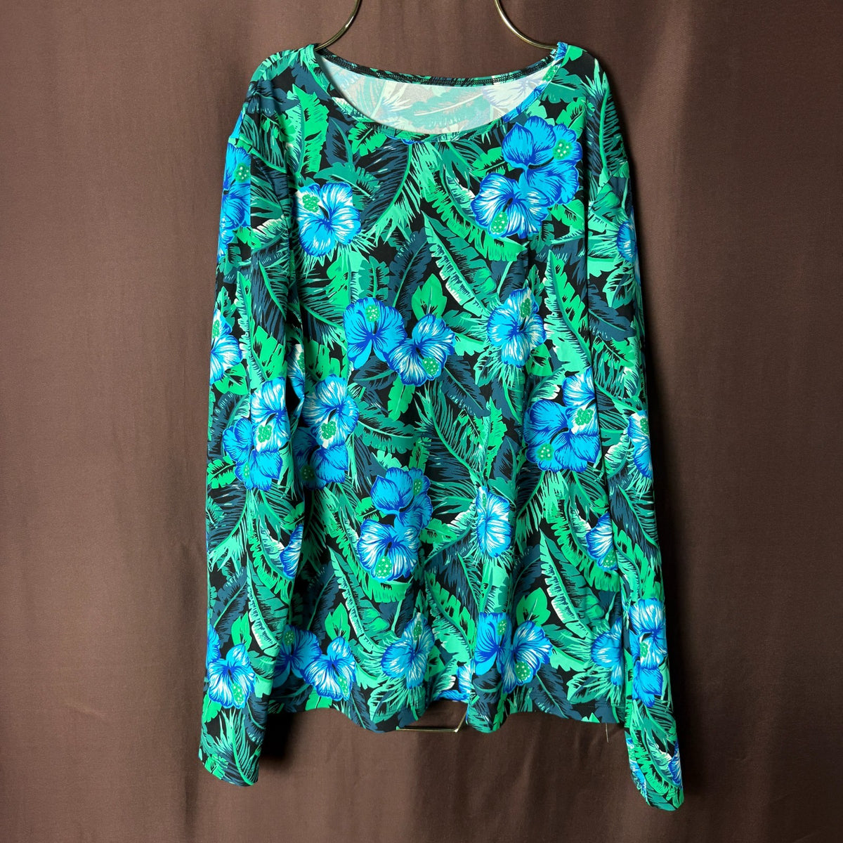 Lands' End Women's XS Green Floral Long Sleeve Crewneck Swim Rash Guard
