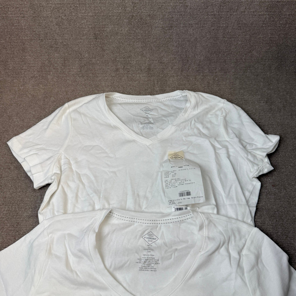Set of 2 NWT St. John's Bay Womens L Petite White V Neck T-Shirt Short Sleeve