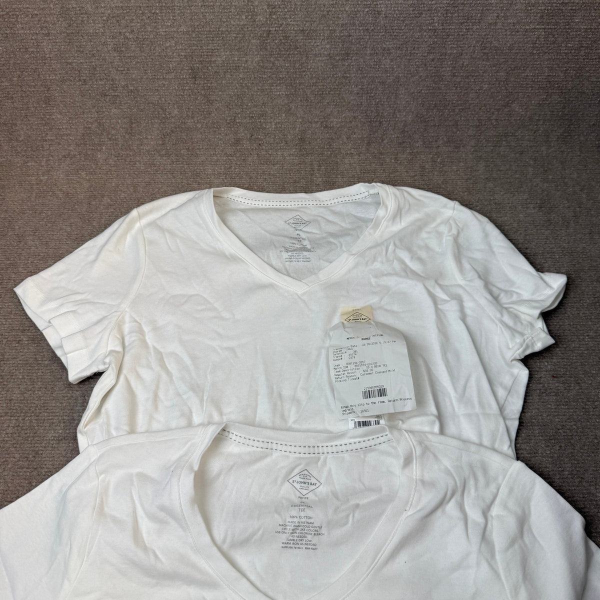 Set of 2 NWT St. John's Bay Womens L Petite White V Neck T-Shirt Short Sleeve