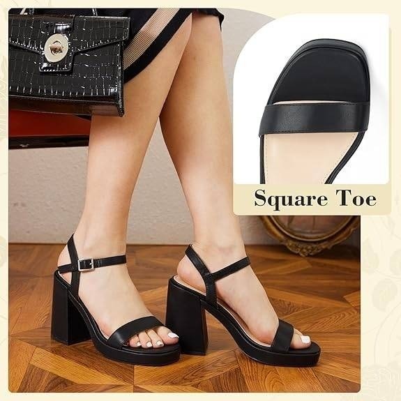 Putu Women's Size 7.5 Black Platform Heels Chunky Heeled Sandals Open Toe Dressy