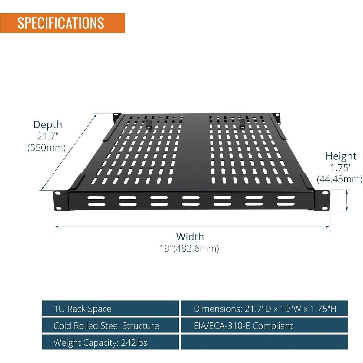 Tecmojo 1U 4-Post Vented Server Rack Mount Shelf, 21.7" Deep w/ Adjustable Depth