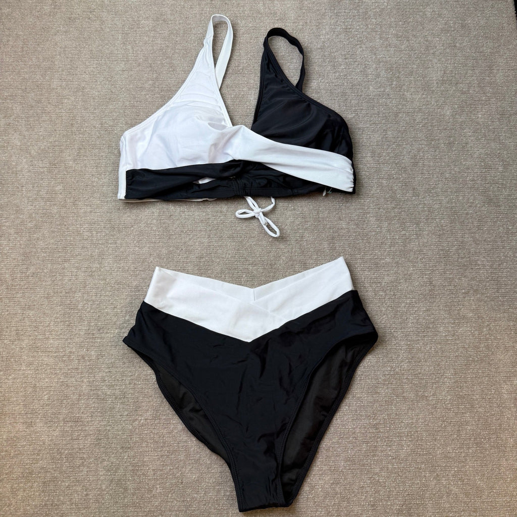 MSRP $42 Aqua Eve Womens XL Black/White 2 Piece Swimsuits High Waist Bikini Tw