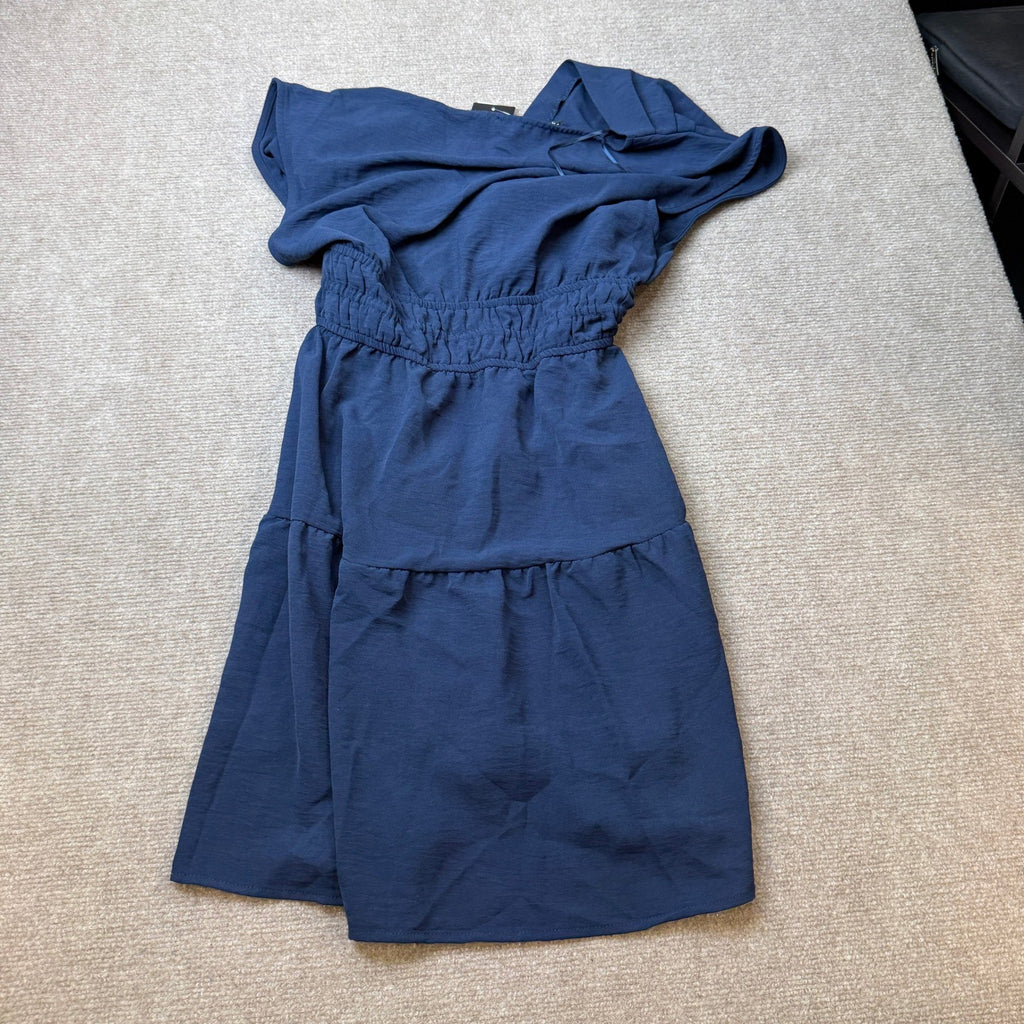 NWT Be by CHETTA B Womens L Navy V Neck Sleeveless Tiered Mini Dress