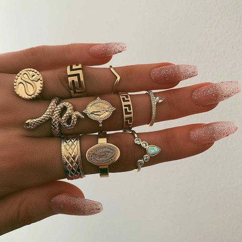 10 pcs Gold Ring Set, Boho Ring Set, Snake Ring, Stackable Rings for Women