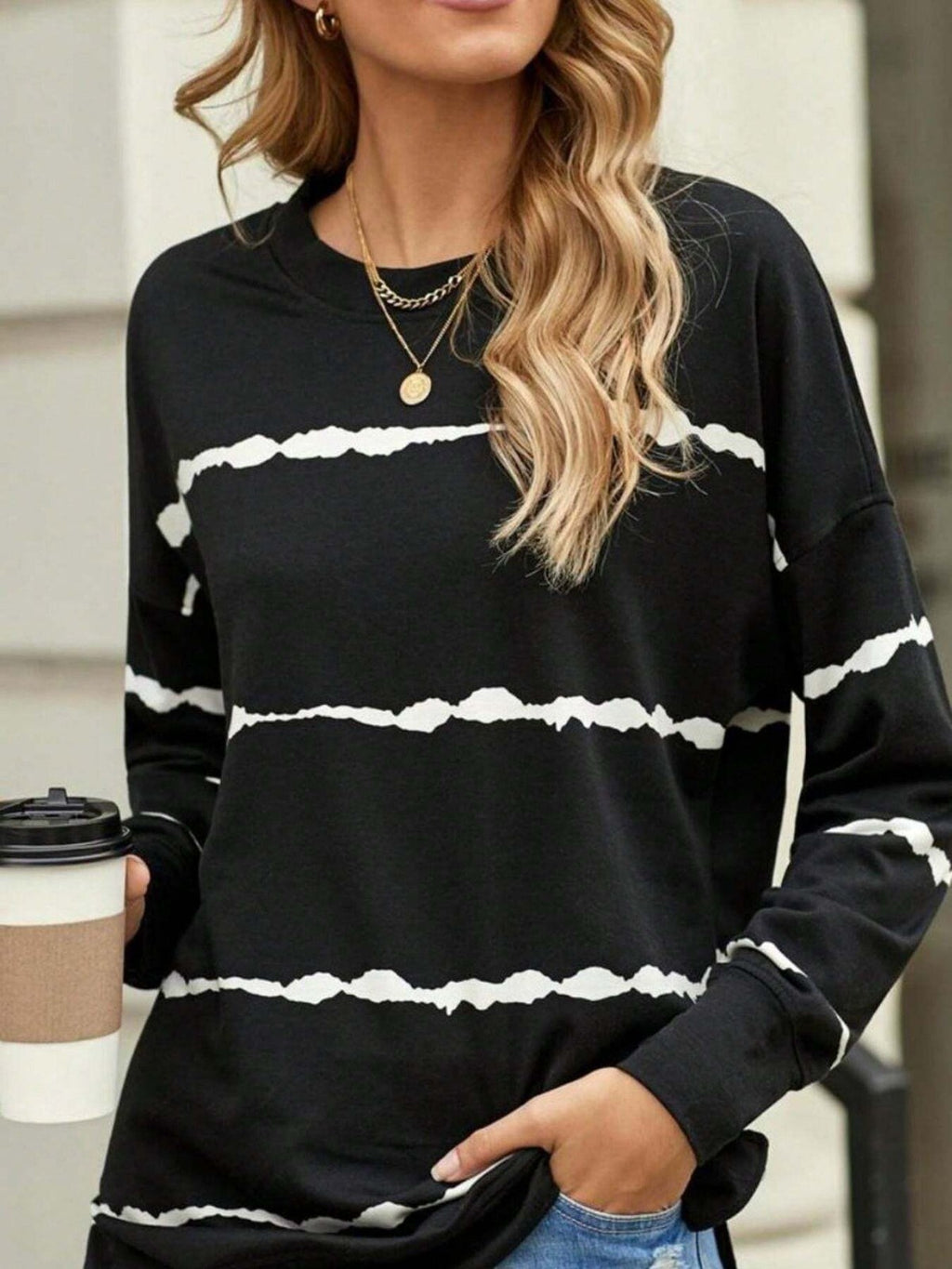Women's 18W,26W Black Long Sleeve Stripe Print Crewneck Sweatshirt Fashion