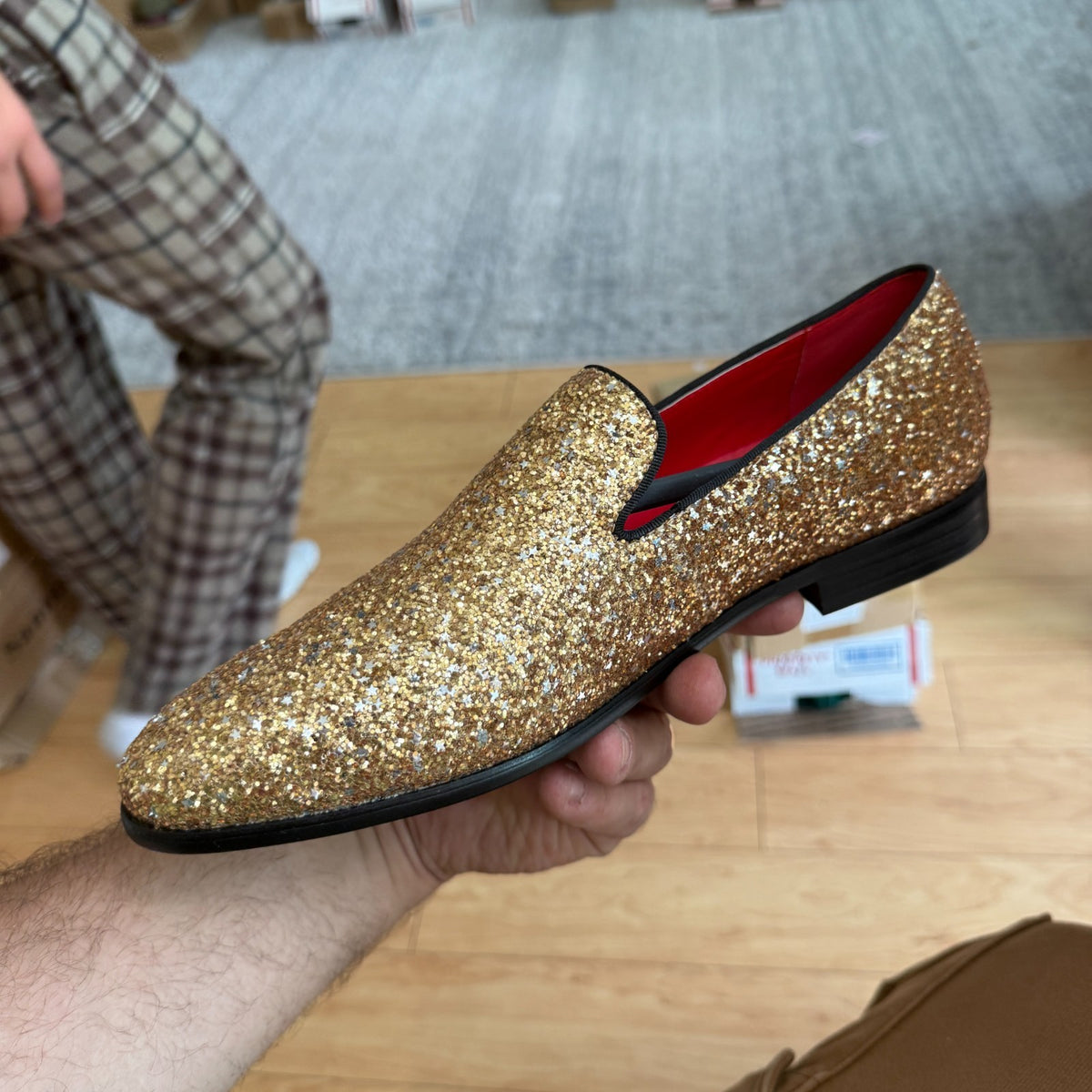 Santimon Men's US 9.5 - 12.5 Gold Sequins Glitter Smoking Loafers Dress Shoes  P
