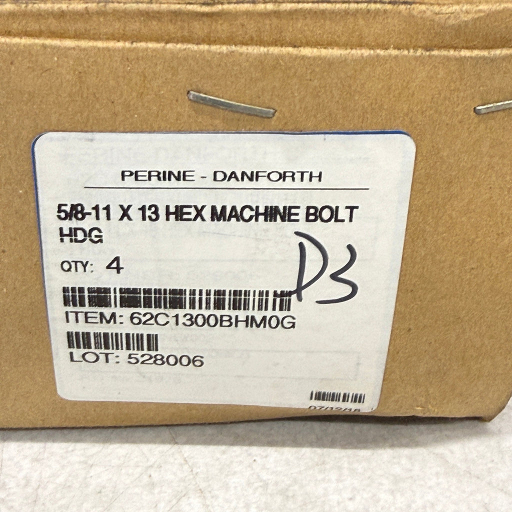 Pack of 4 Perine Danforth 5/8-11 x 13 Hex Head Machine Bolts HDG Galvanized