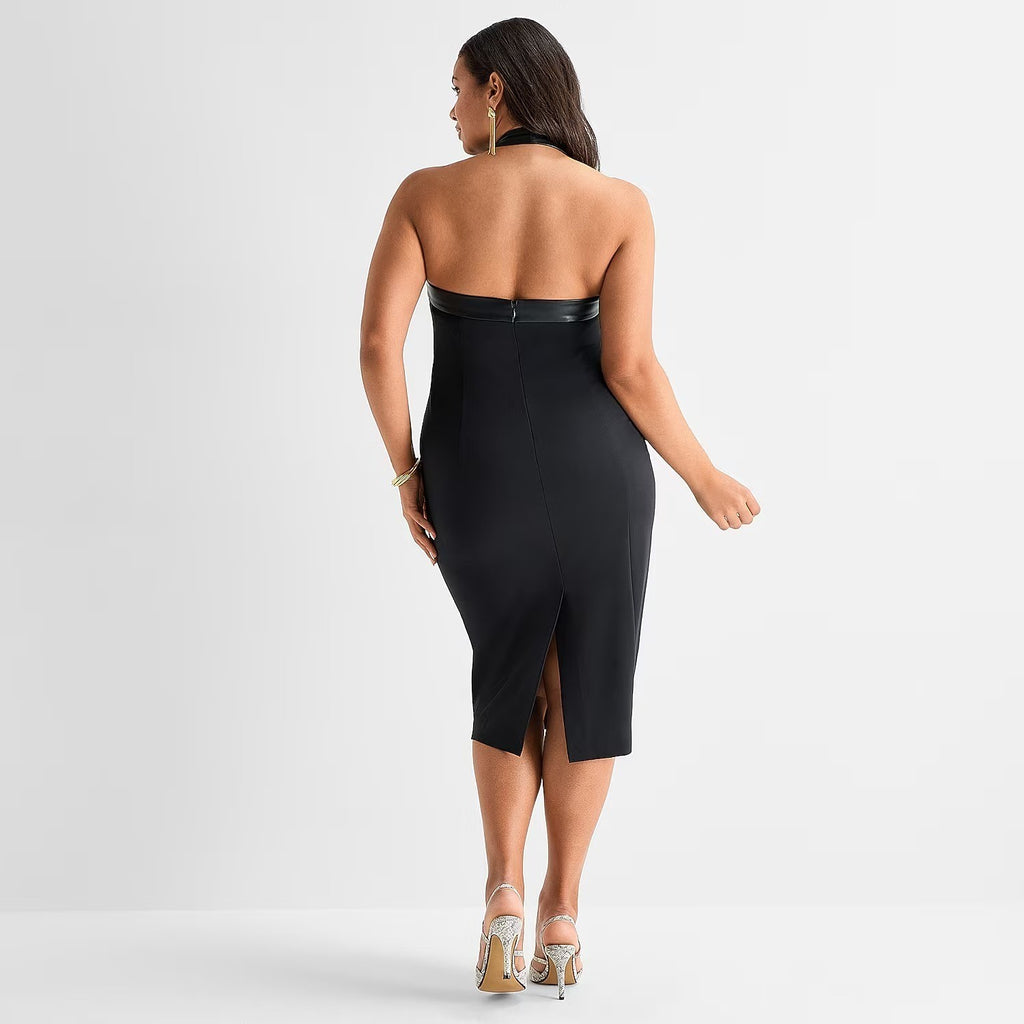 MSRP $90 Ashley Graham Women 24W Peppercorn Black Midi Halter Neck Bodycon