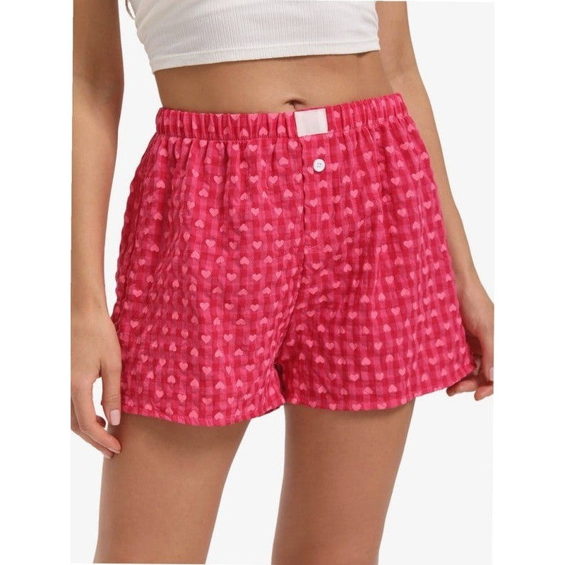Women's Pink Heart Print M Pajama Shorts Micro Button Boxers Elastic Waist Cute