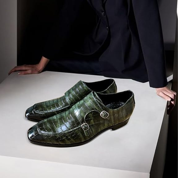 Santimon Men's US 7.5-8 Green Leather Double Monk Strap Slip on Loafer Shoes