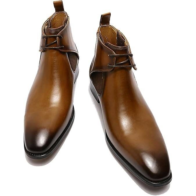 Santimon Men's US 7 Brown Leather Pointed Toe Lace up Chelsea Dress Chukka Boots