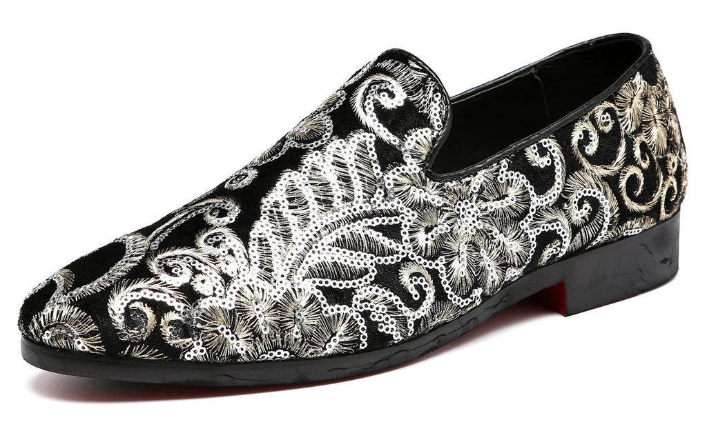 Santimon Men's US 9.5, 12 Black Velvet Gold Stitching Sequins Loafers Shoes