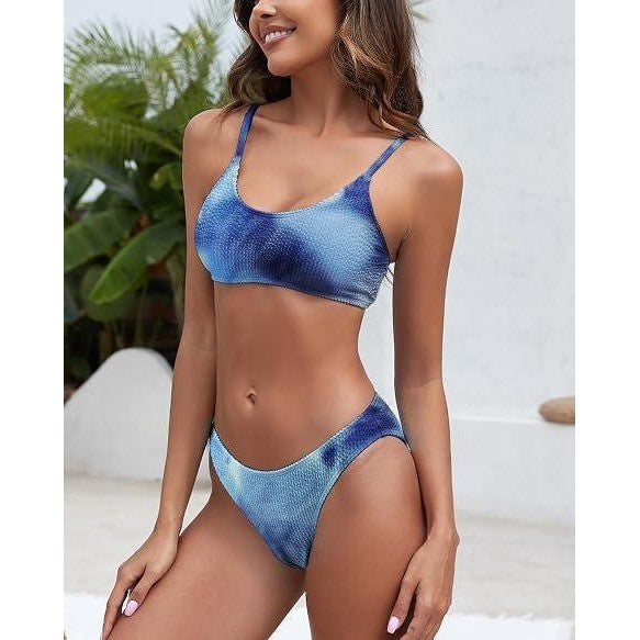 MSRP $39 Fanuerg Women's L Blue Tie Dye Ribbed Bikini Set Two Piece Bathing Sui