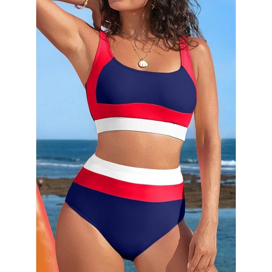 MSRP $33 Herseas Women's 2XL High Waisted 2 Piece Sporty Color Block Bikini