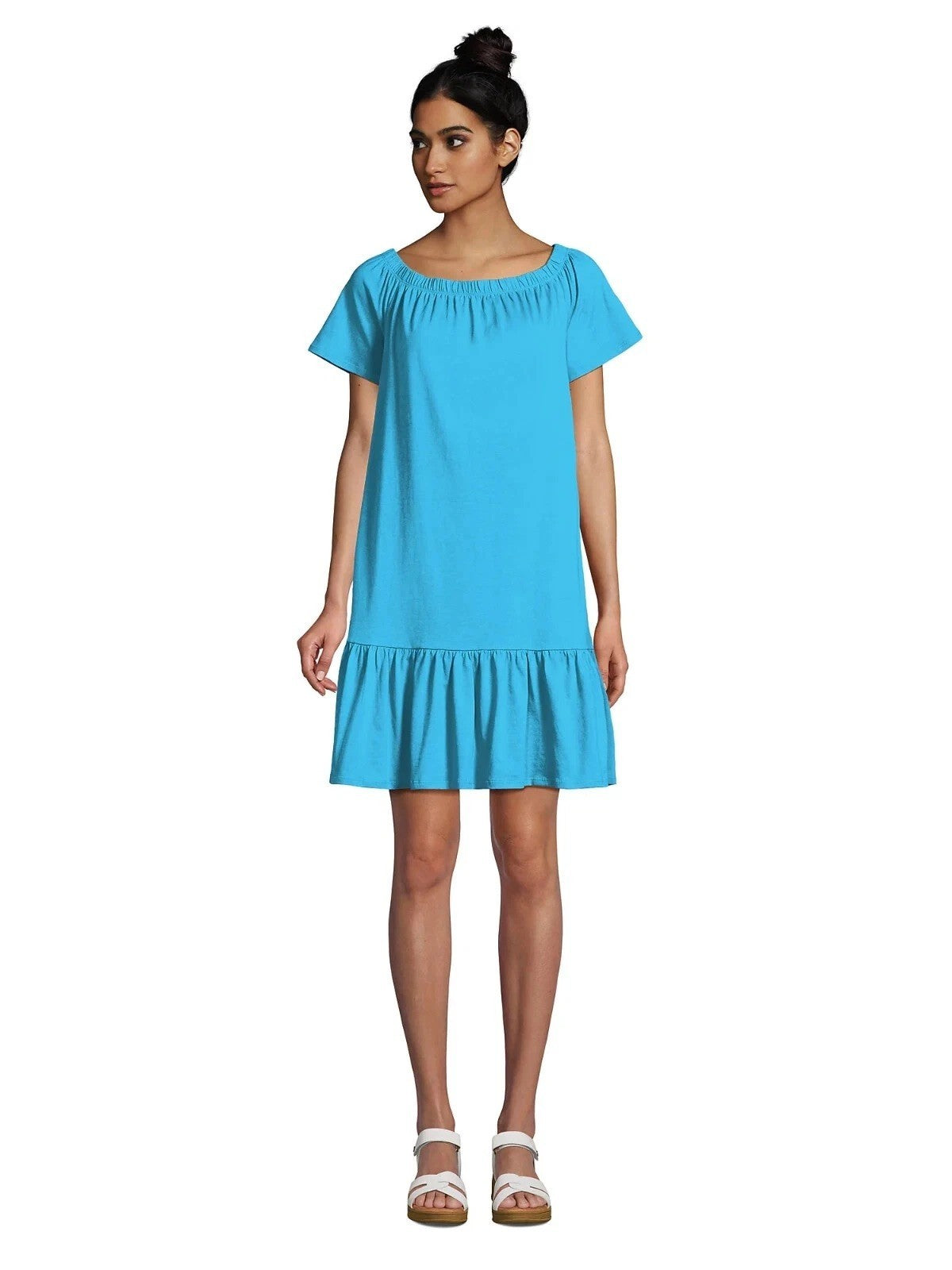 Land's End Womens M-2X LONG Off the Shoulder Ruffle Hem Blue Swim Cover-up Dress