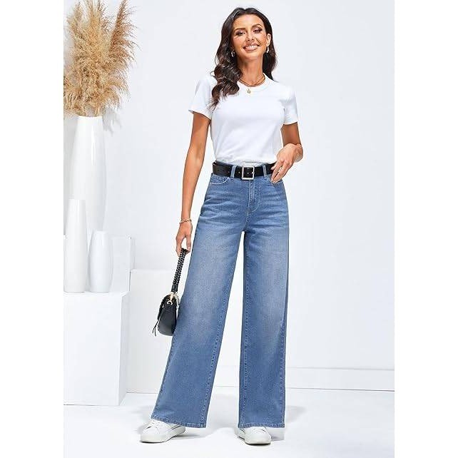 MSRP $52 GRAPENT Women's L Cool Blue Wide Leg Jeans Trendy High Waisted Stretch