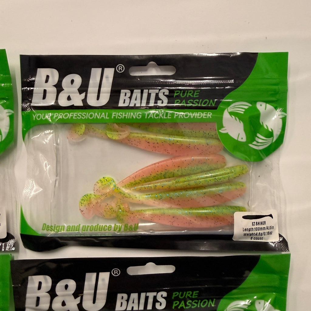 Set of 4 (6 pcs Each) B&U Baits Easy Shiner 4" Fishing Soft Lures Green Pink