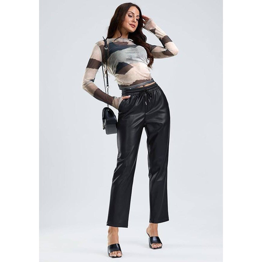 MSRP $57 SANTINY Women's XL Faux Leather Pants High Waisted Straight Leg Croppe