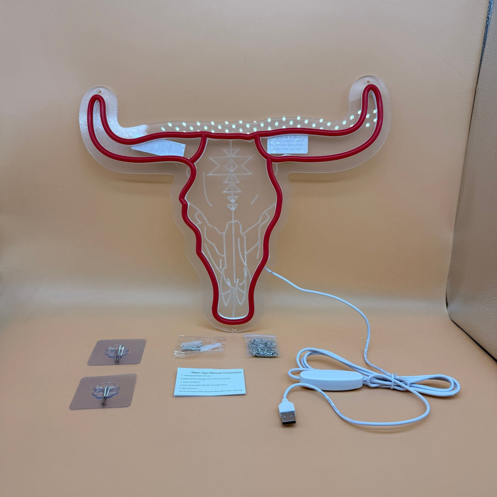 Longhorn Bull Skull Neon Sign For Cowgirl & Cowboy USB Powered Wall Decor, Texa