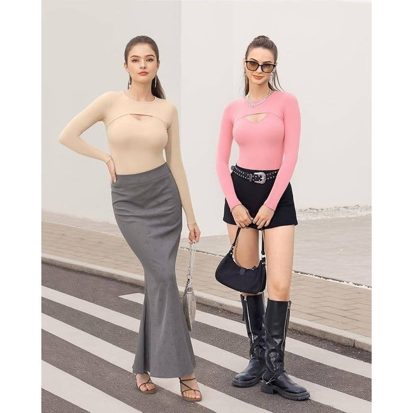 Women's L Long Sleeve Top Cut Out Front Ribbed Fitted Sexy Casual Dressy Tee T-