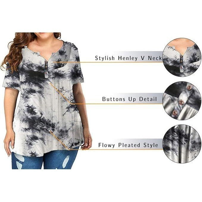 VOGRACE Women's 28W Plus Size Short Sleeve Blue Tye Die Henley Shirt Flowy Tun