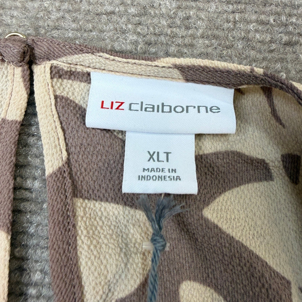 MSRP $48 Liz Claiborne Womens XL Tall Coffee Floral U Neck Blouse Short Sleeve