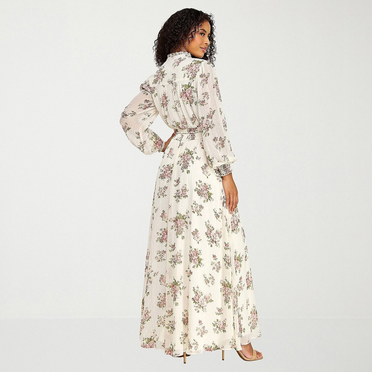 MSRP $99 Premier Amour Womens 8 Cream Blush Puffed Chiffon Maxi Dress V Neck