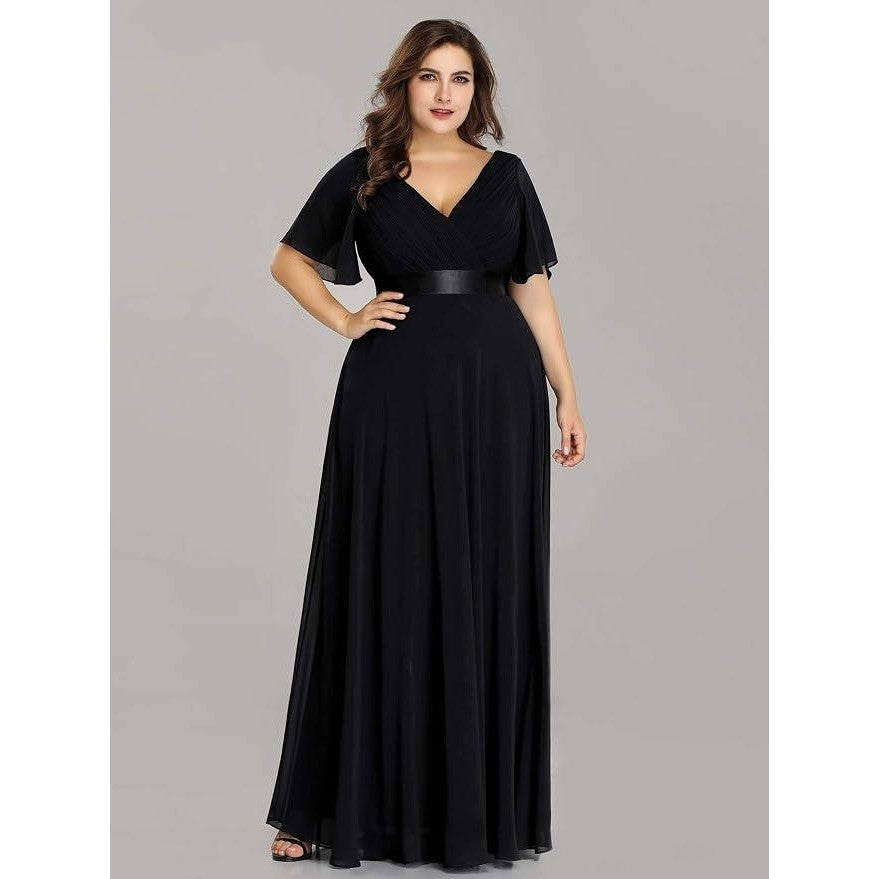 MSRP $86 Ever-Pretty Women's XXL Black Chiffon V-neck Ruched Waist A-line Ball